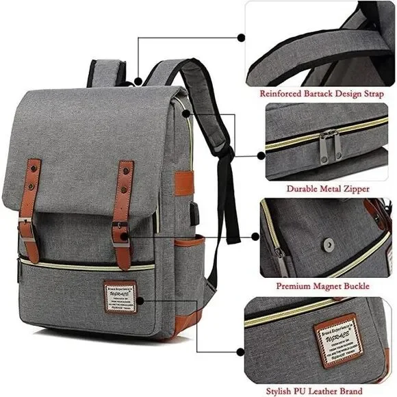Canvas Grey 15.6" Laptop Backpack USB Charging Port - British Vintage Style - Picture 6 of 15